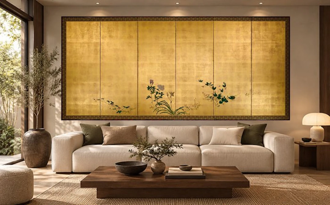 A gold leaf six-panel byobu folding screen with flowers and grasses - Paper