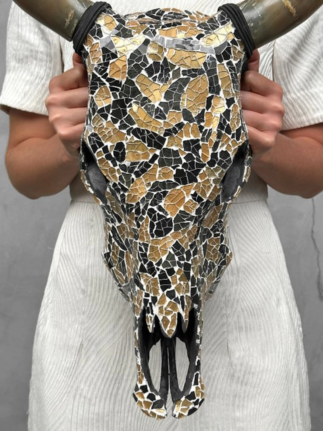 NO RESERVE PRICE - Stunning Cow skull with Glass Mosaic...