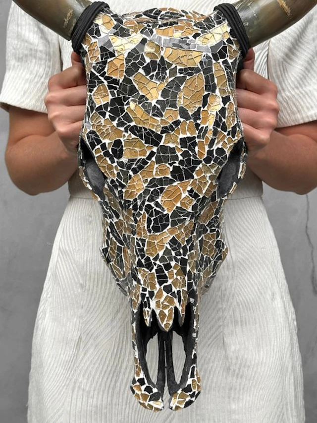 NO RESERVE PRICE - Stunning Cow skull with Glass Mosaic...