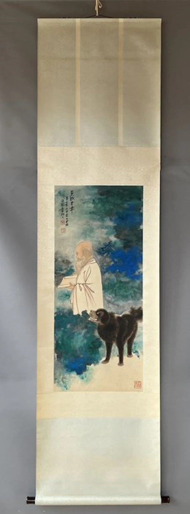 INK AND COLOR ON PAPER PAINTING'SELF WITH PET'《自画像与黑虎》 - Attributed to - China