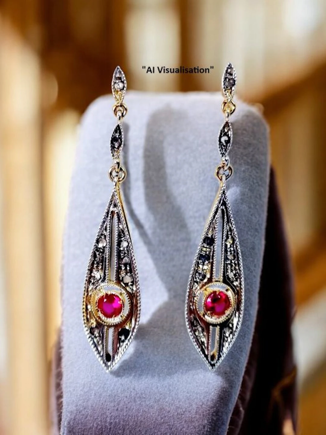 No reserve price - Earrings - 9 kt. Silver, Yellow gold Ruby - Diamond