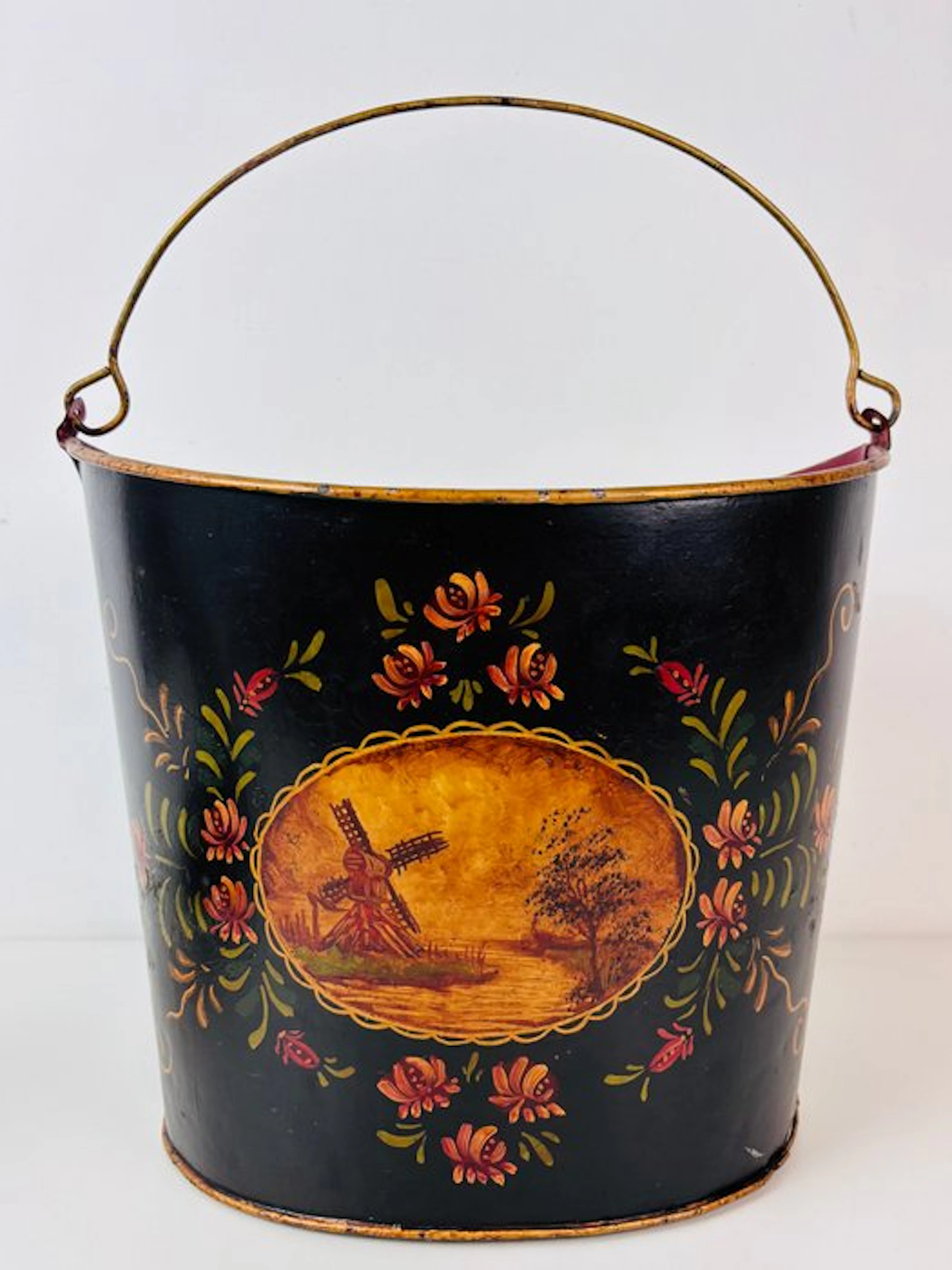 Bucket - Antique toleware – hand-painted with a windmill...