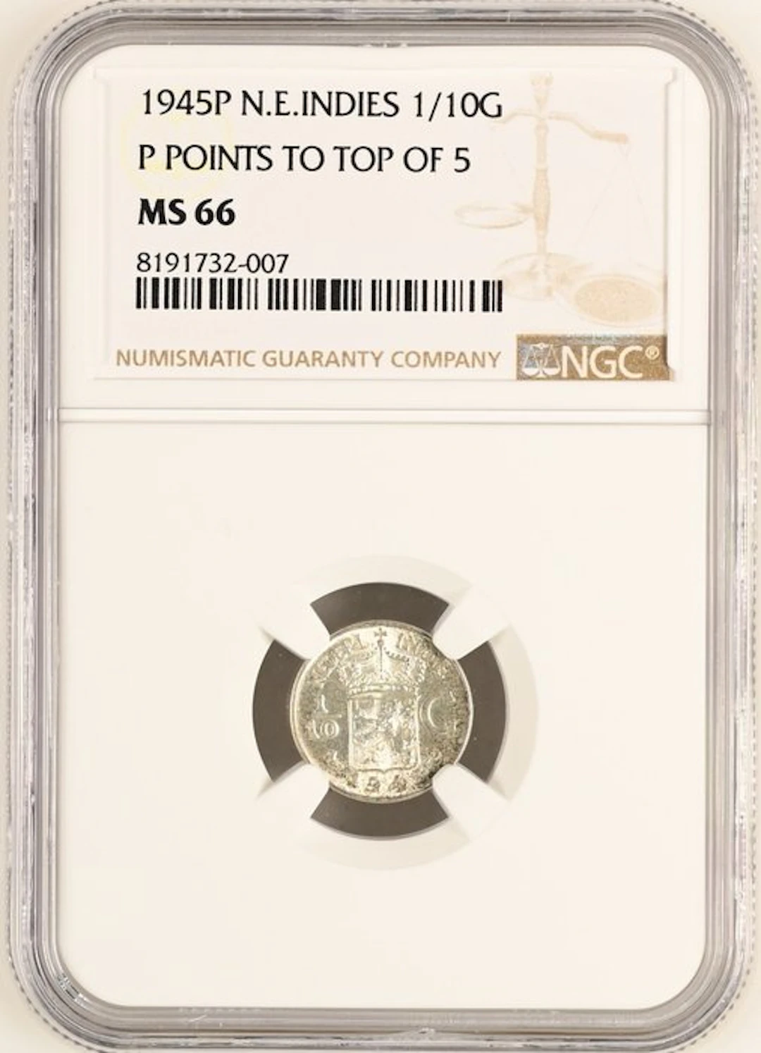 Dutch East Indies. Wilhelmina. 1/10 Gulden 1945 - NGC MS66
