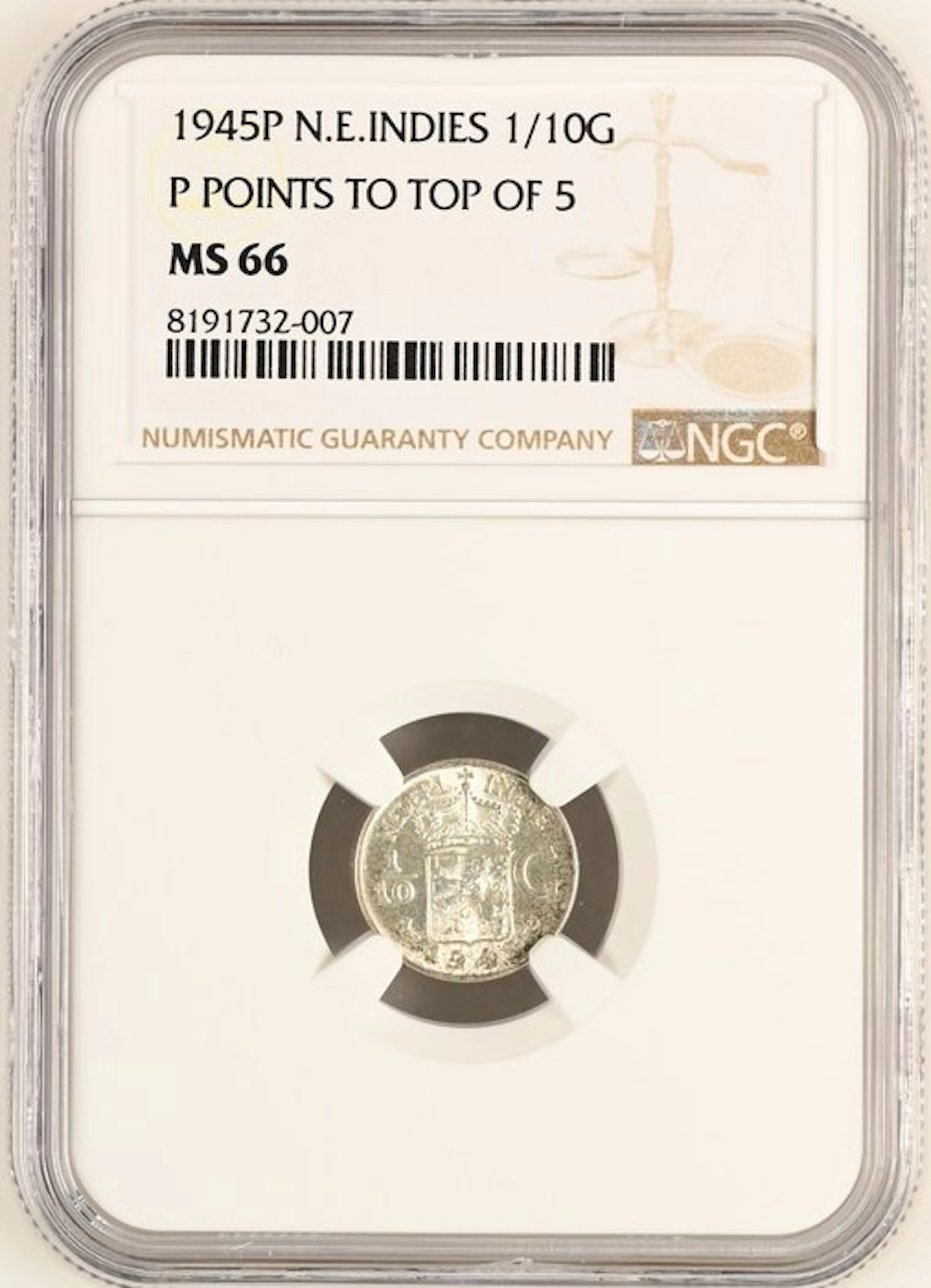 Dutch East Indies. Wilhelmina. 1/10 Gulden 1945 - NGC MS66