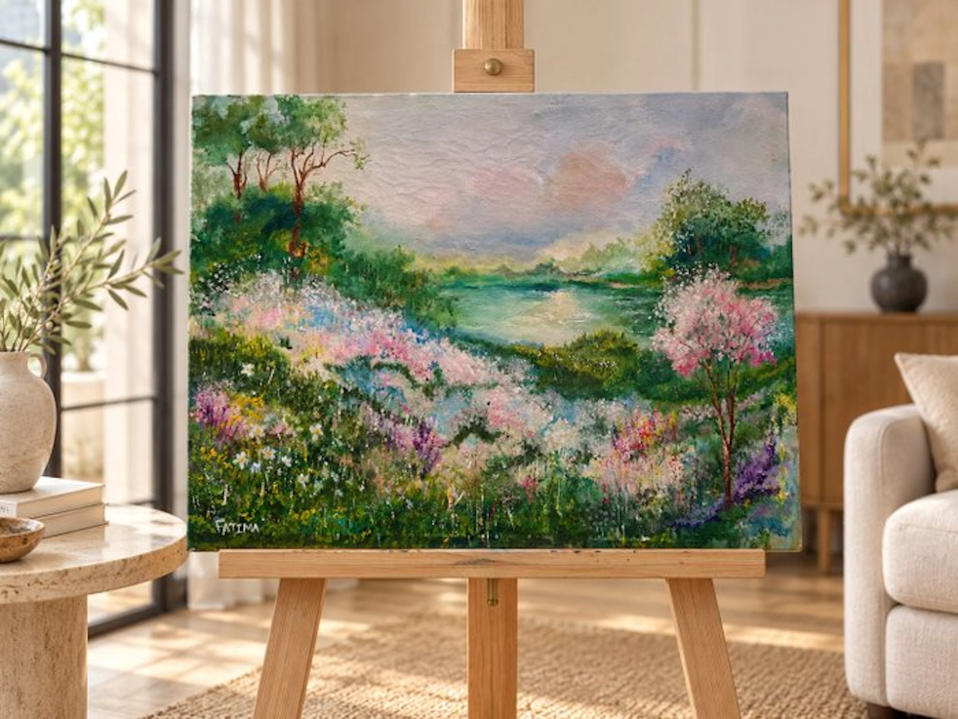 Fatima Anjum - Floral Breeze Oils on Canvas Impressionistic Lanscape