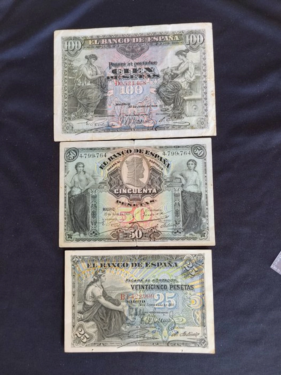 Spain. - 25, 50, 100 Pesetas - 1906/1907 - Pick 57a, 59a, 63a (No