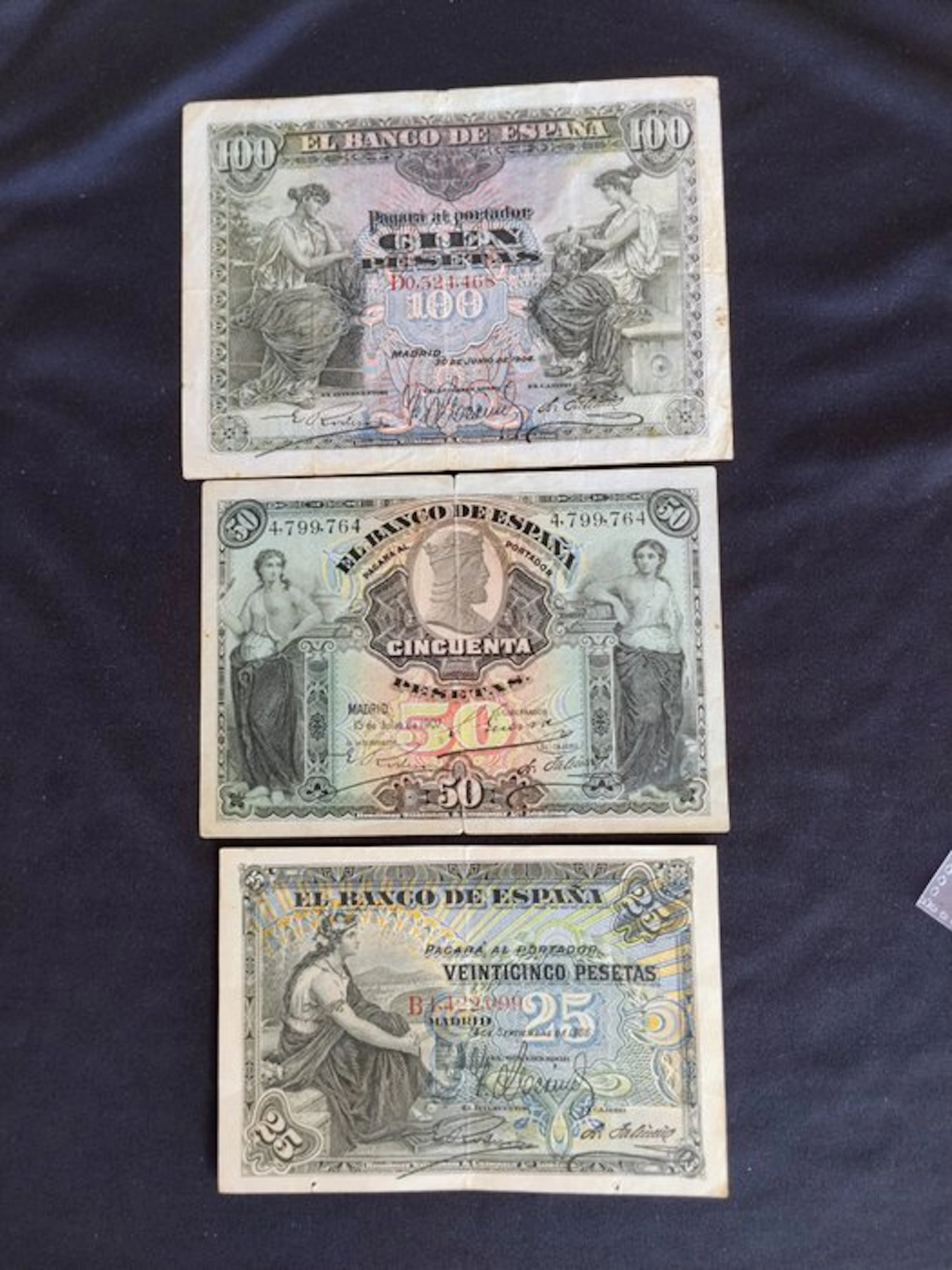 Spain. - 25, 50, 100 Pesetas - 1906/1907 - Pick 57a, 59a, 63a (No