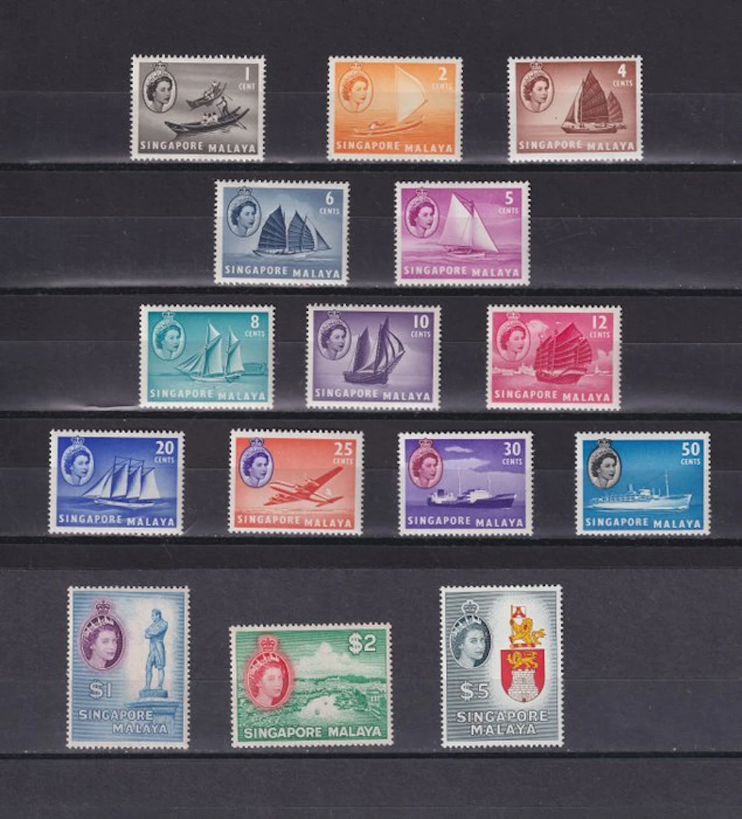 Singapore 1955/1959 - Complete 15-value series: Queen Elizabeth II and Ships