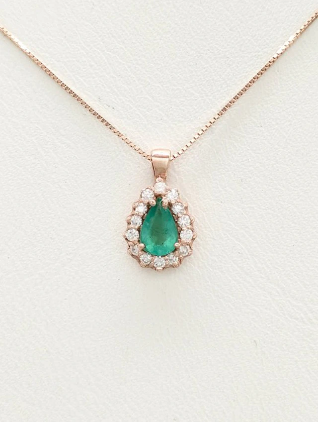 No reserve price - Necklace - 14 kt. Rose gold Emerald - Diamond