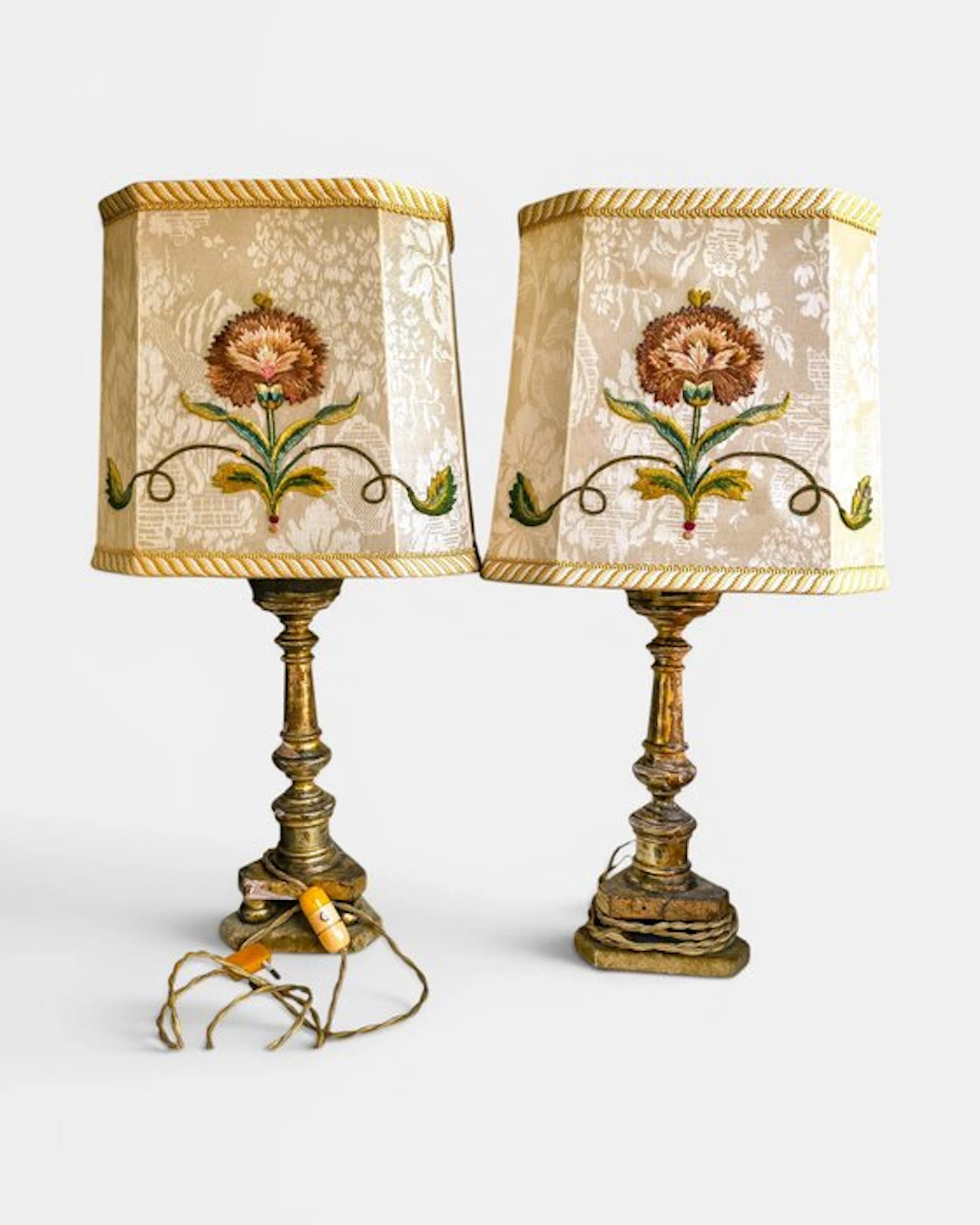 Bedside table lamp (2) - Wood, Gold, Metal, Fabric