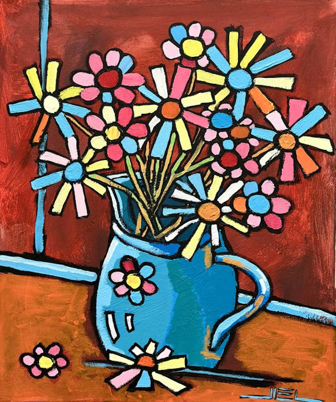 Jiel - Bouquet champêtre au broc bleu, sur fond rouge.