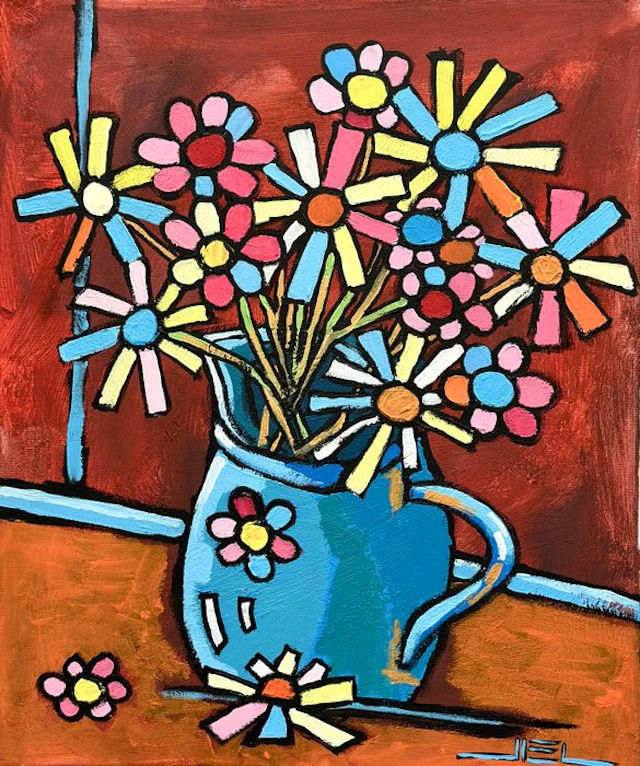 Jiel - Bouquet champêtre au broc bleu, sur fond rouge.