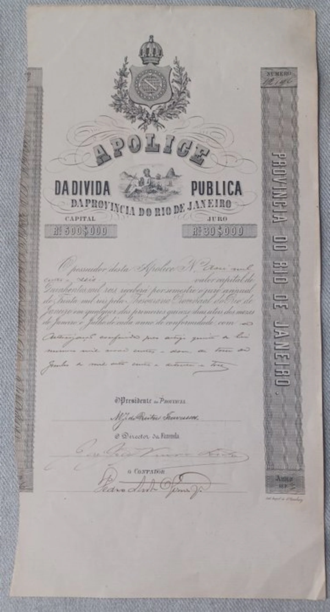 Brazil. 1873 - Apolice Da Divida Publica da Provincia do Rio de Janeiro - Rs