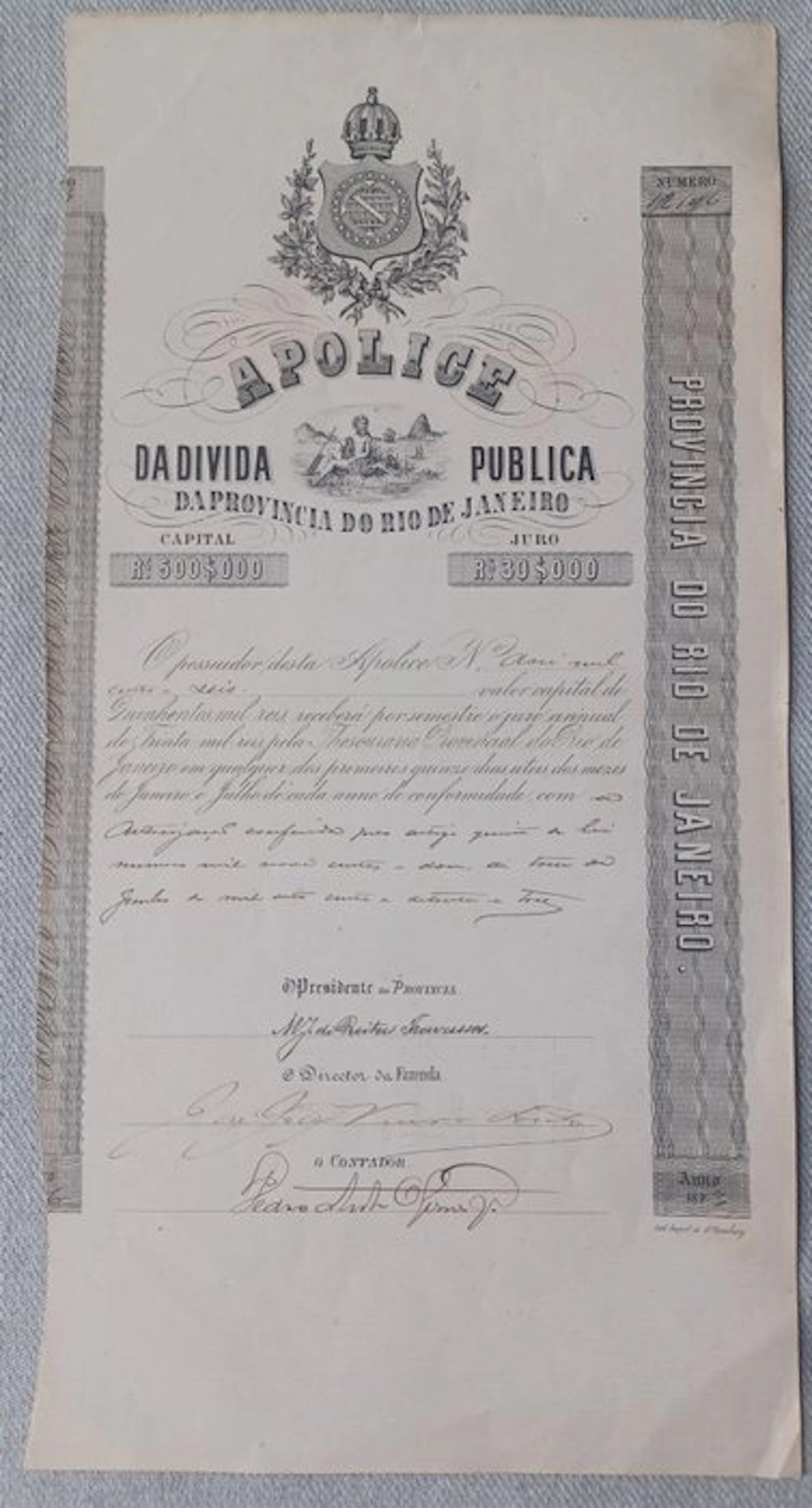 Brazil. 1873 - Apolice Da Divida Publica da Provincia do Rio de Janeiro - Rs