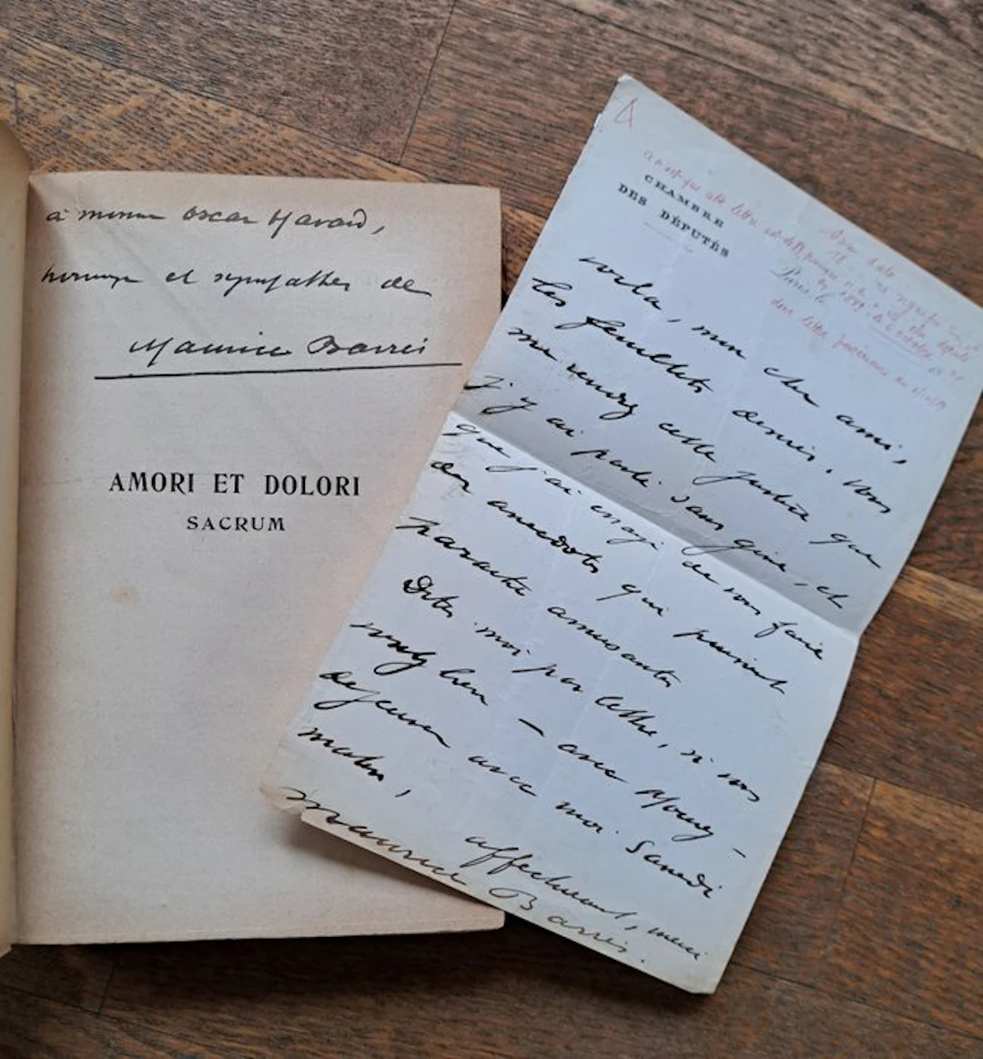 Maurice Barrès [ joint une lettre autographe signée de l'auteur ] - AMORI ET DOLORI SACRUM [ édition originale ave envoi autographe de Barrès ] - 1903-1903