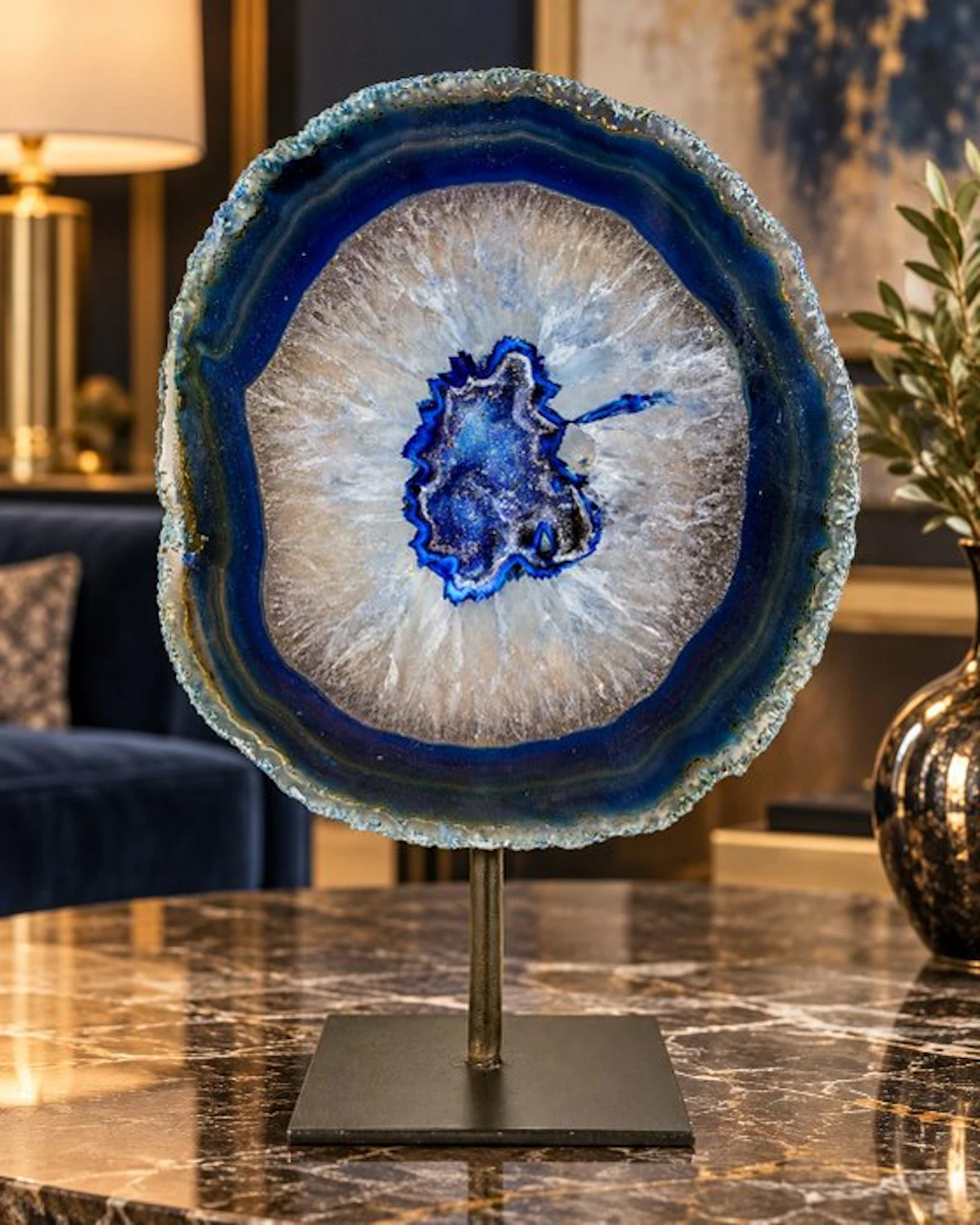 Rare blue Agate - rock crystal geode on stand Geode...
