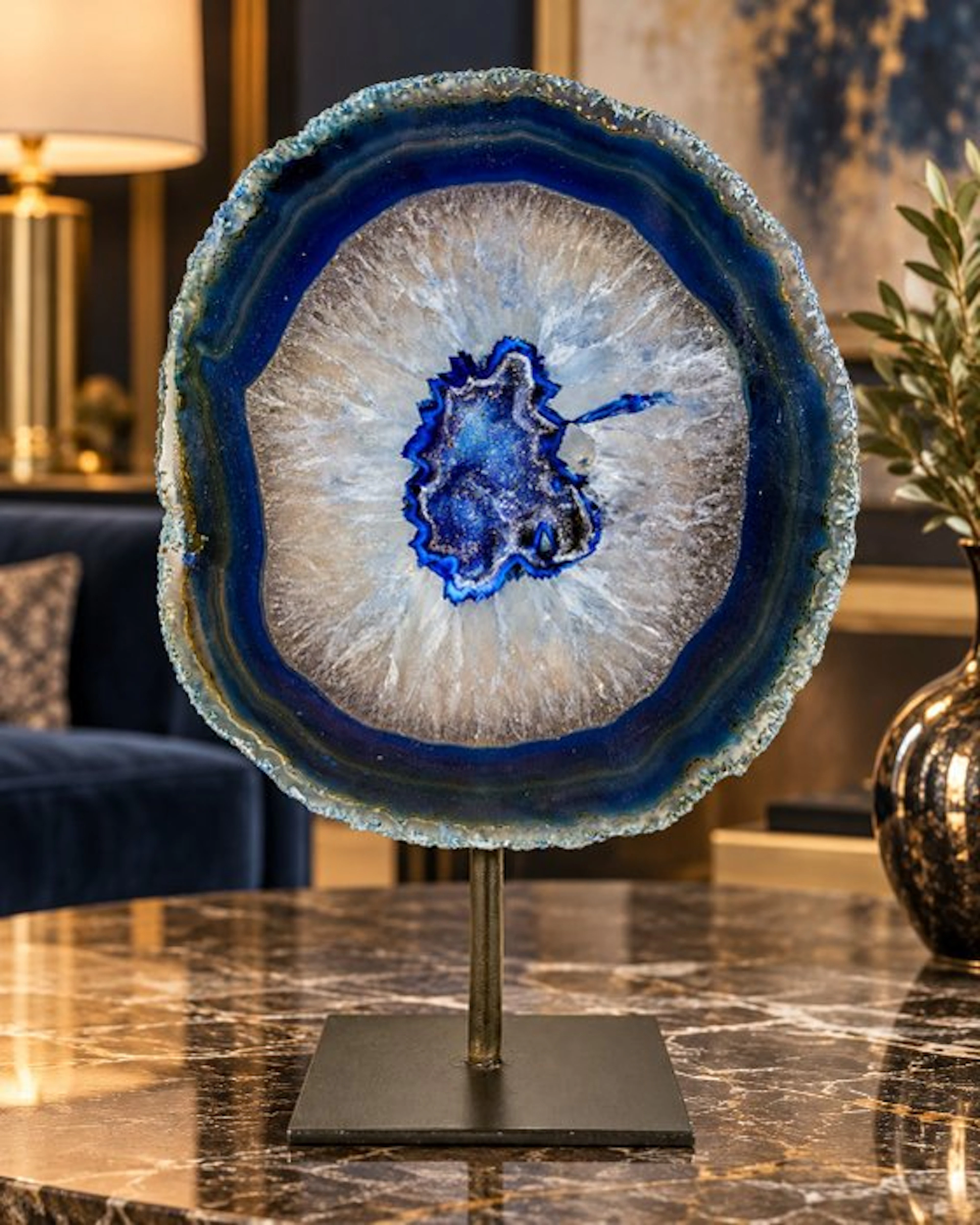 Rare blue Agate - rock crystal geode on stand Geode...