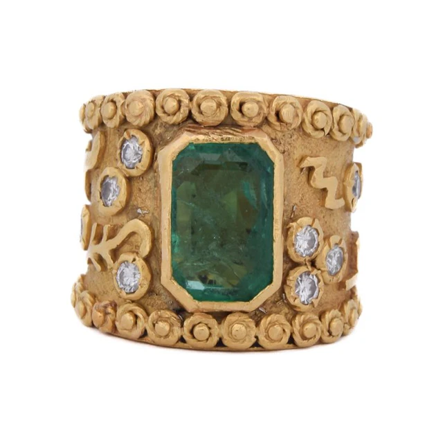 Cocktail ring - 18 kt. Yellow gold Emerald - Diamond