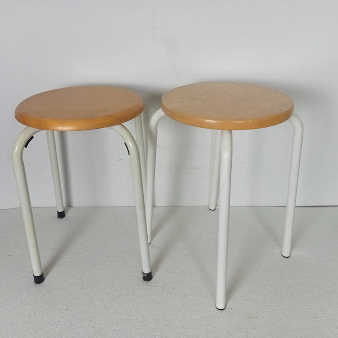 Stool (2) - Steel, Beech, Beech veneer - Two vintage school stools