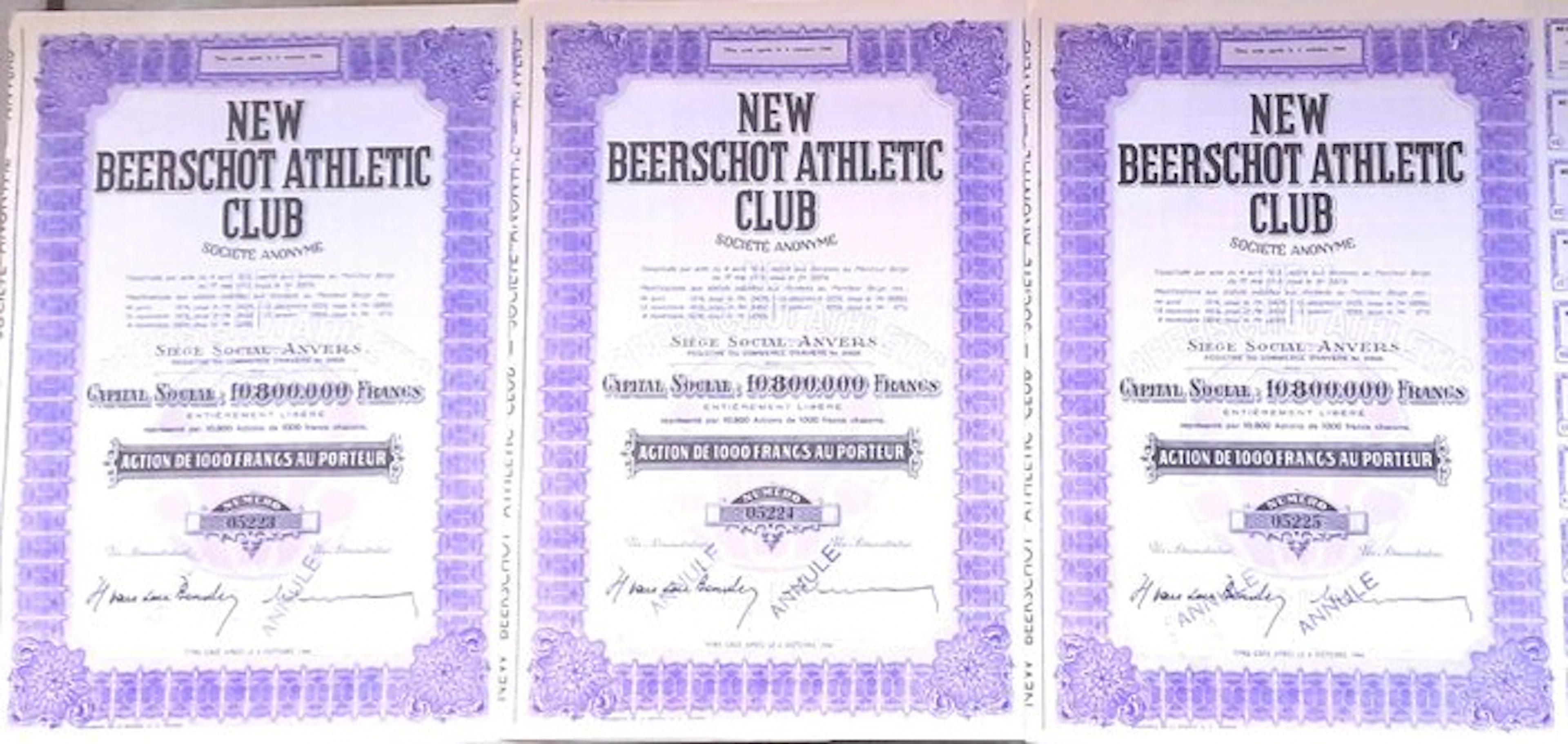 Belgium. 3 aandelen New Beerschot Athletic Club (rond 1955) (No reserve price)