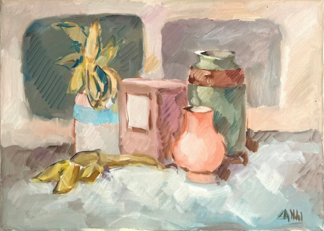 Enzo Cangi (1938-1974) - Natura morta con barattolo, brocche e bottiglie