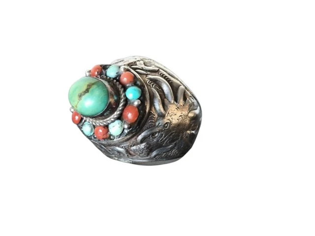 Sterling silver 925 turquoise and coral - Ring - Afghanistan