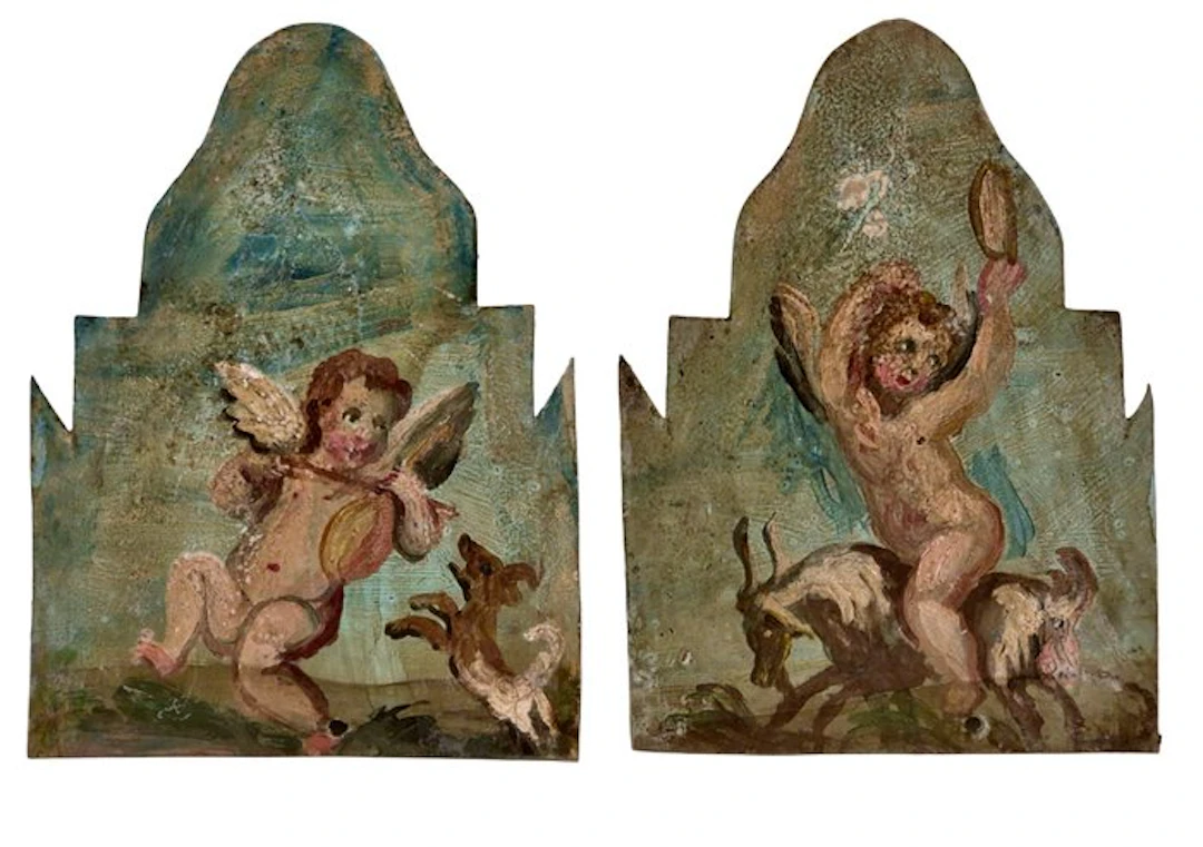 Pair of Painted Religious Panels - Putti (2) - Antique - Metal - 1850-1900