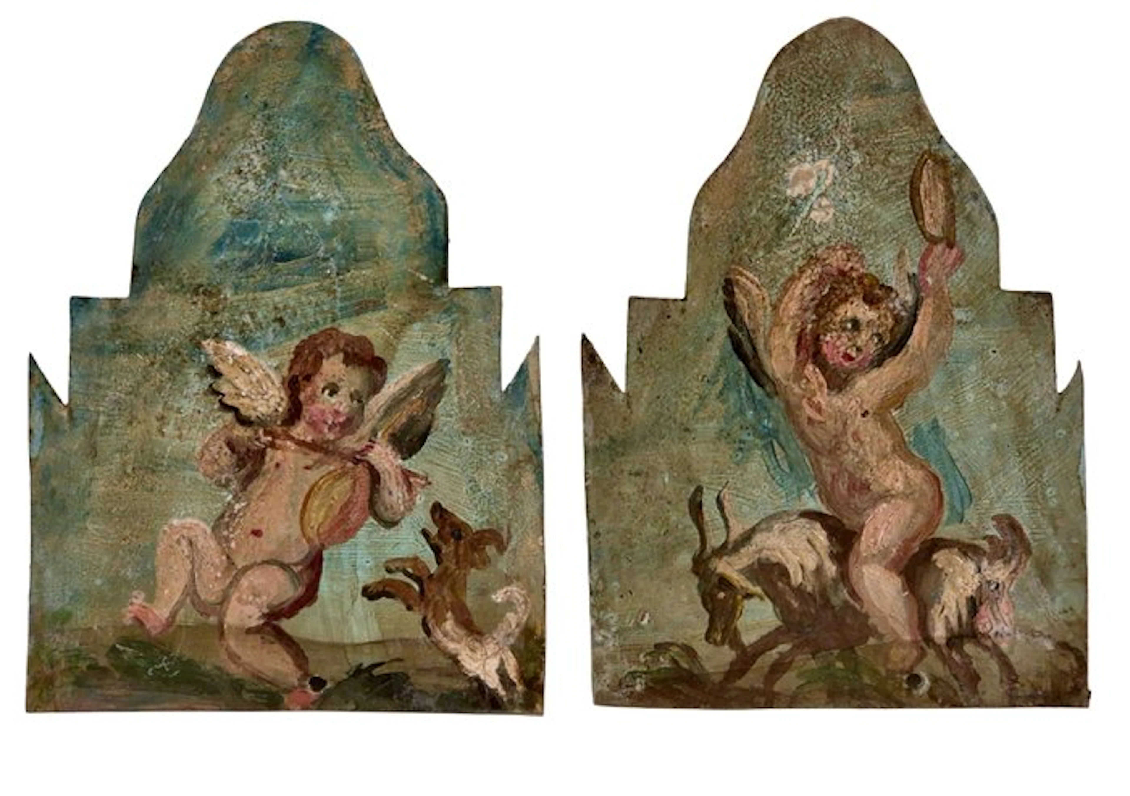 Pair of Painted Religious Panels - Putti (2) - Antique - Metal - 1850-1900