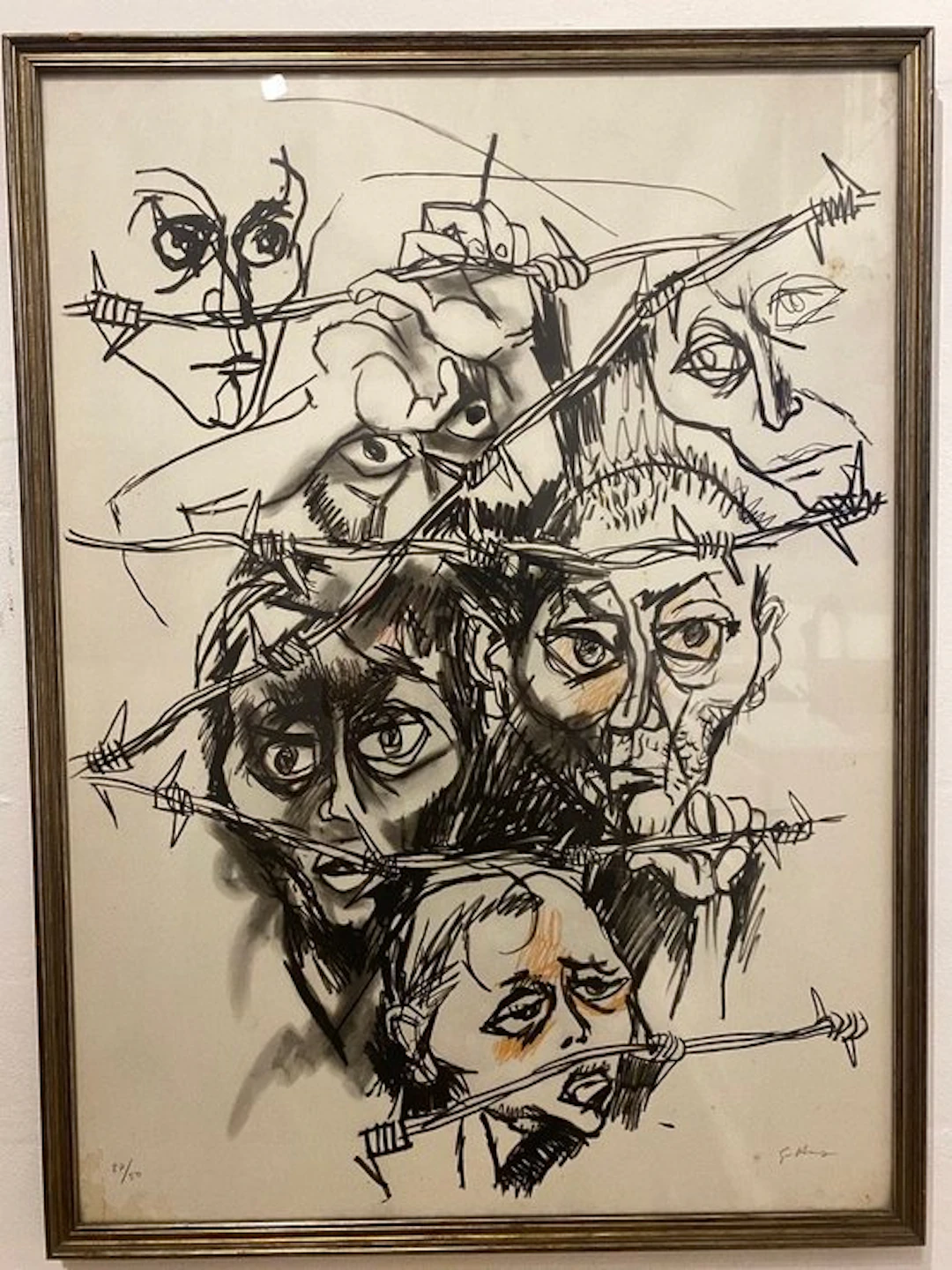 Renato Guttuso (1911-1987) - Faces Behind Barbed Wire - Framed Ready to Hang