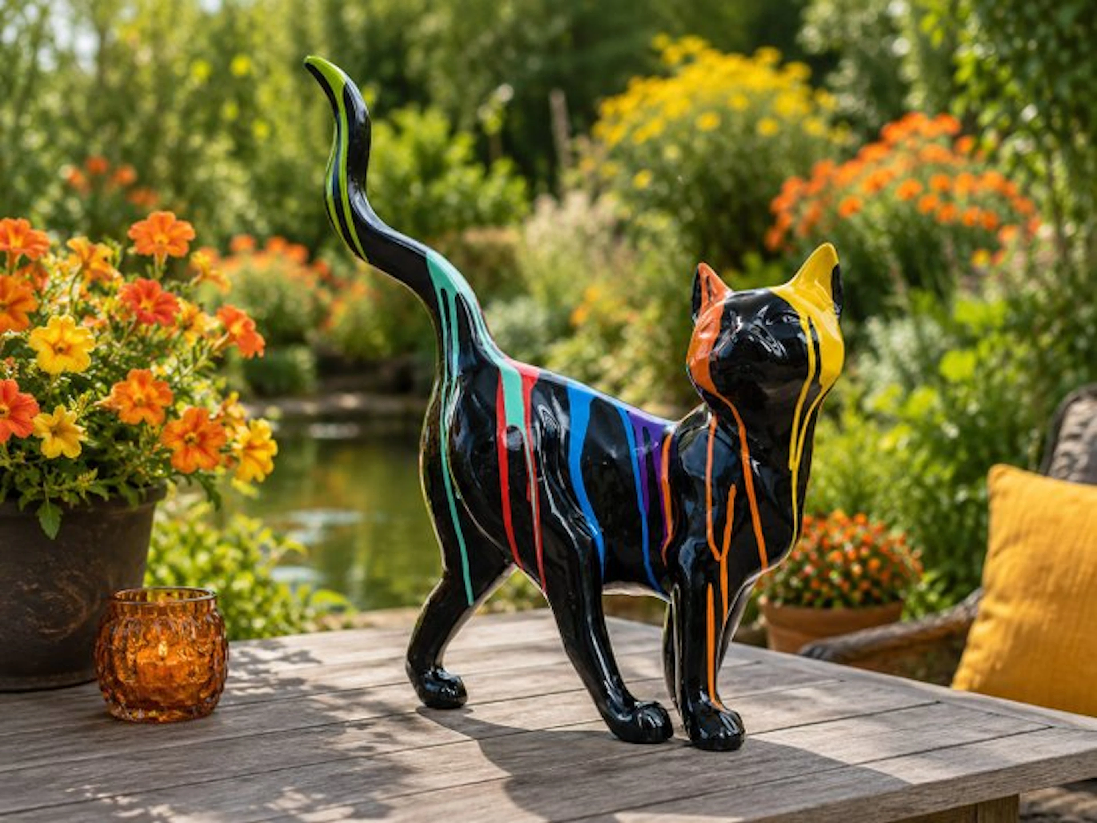 Statue, modern image black cat with long tail - 49 cm - polyresin