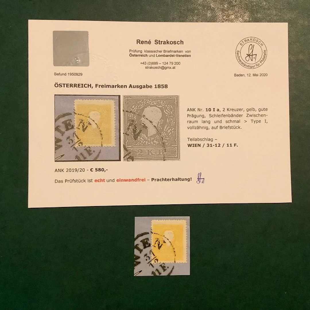 Austria 1858 - 2 Kreuzer yellow in Type I with flawless...
