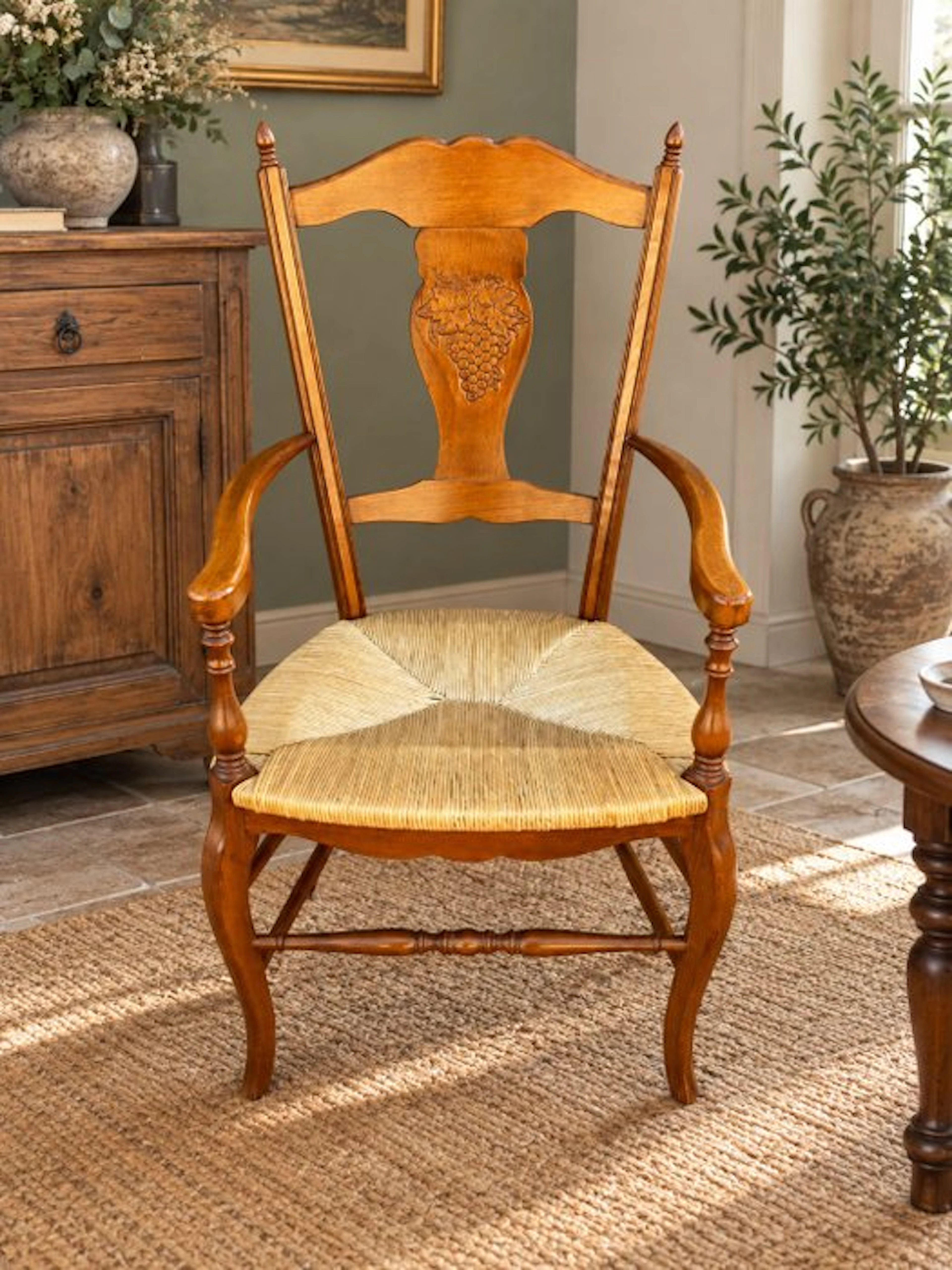 Fauteuil - fruitier wood, rush - Provincial-style armchair