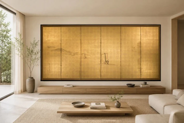 A Kano School sumi-e six-panel byōbu painted on a...