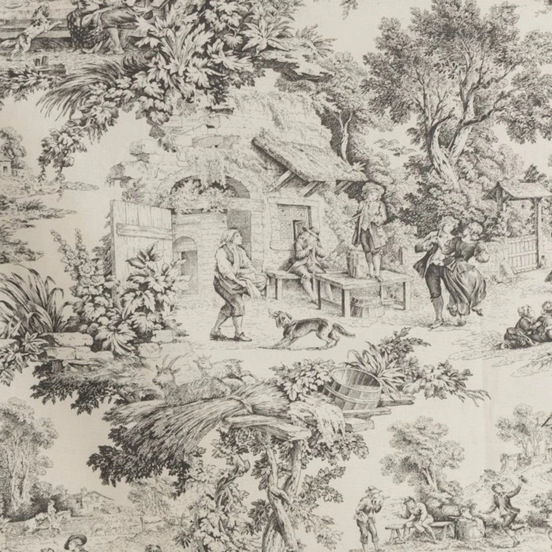 Grey Toile de Jouy Fabric - 100% Cotton OEKO-TEX...