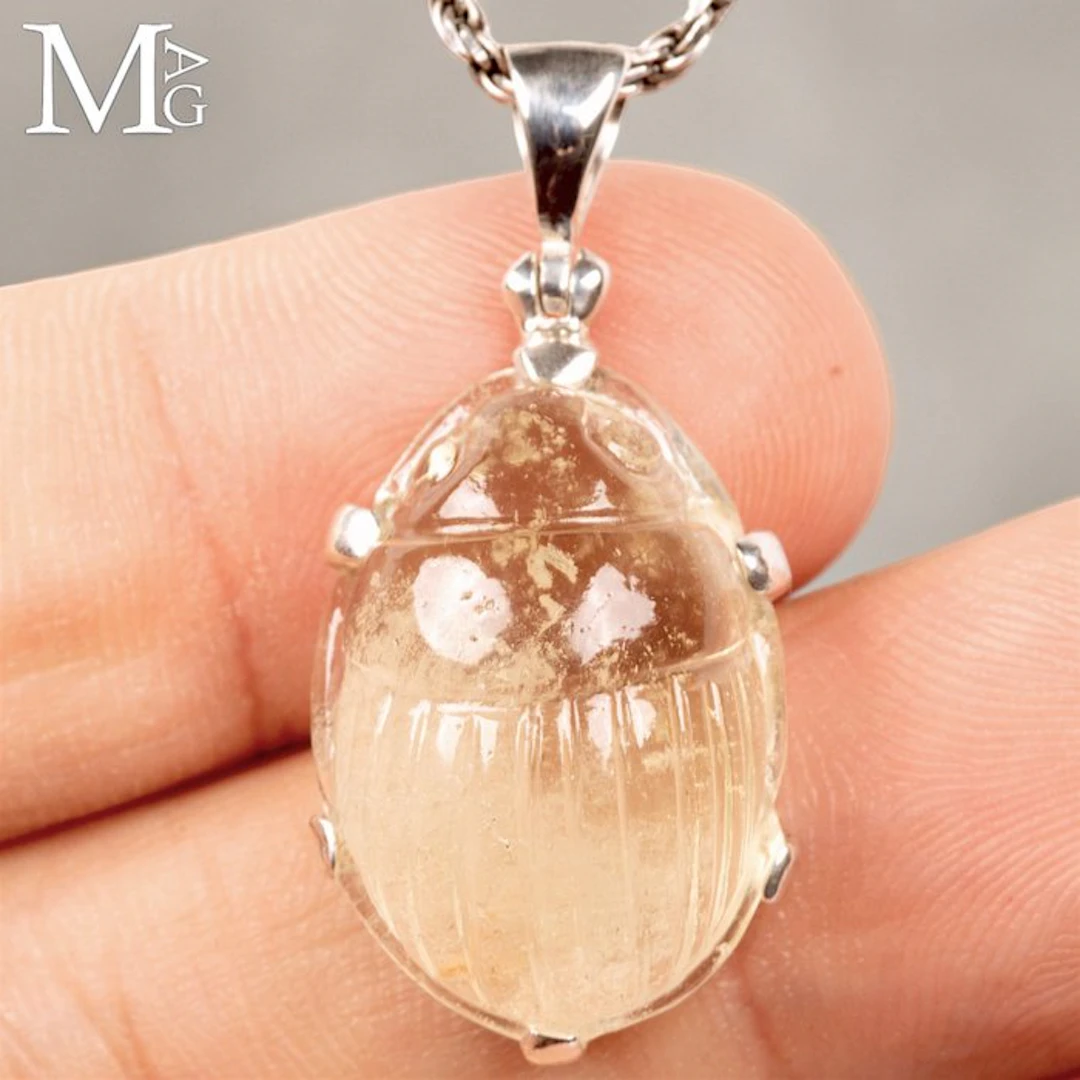 Silver Pendant with Carved Libyan Desert Glass Scarab...
