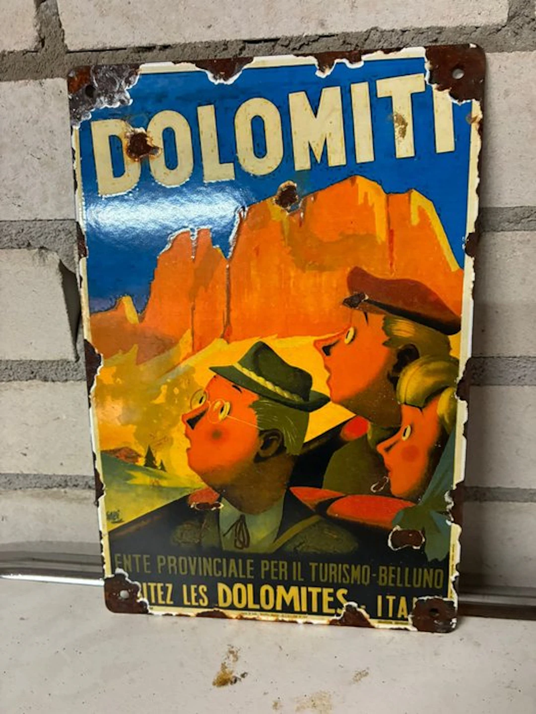 Vintage Dolomiti enamel advertising sign – Italian travel-poster style