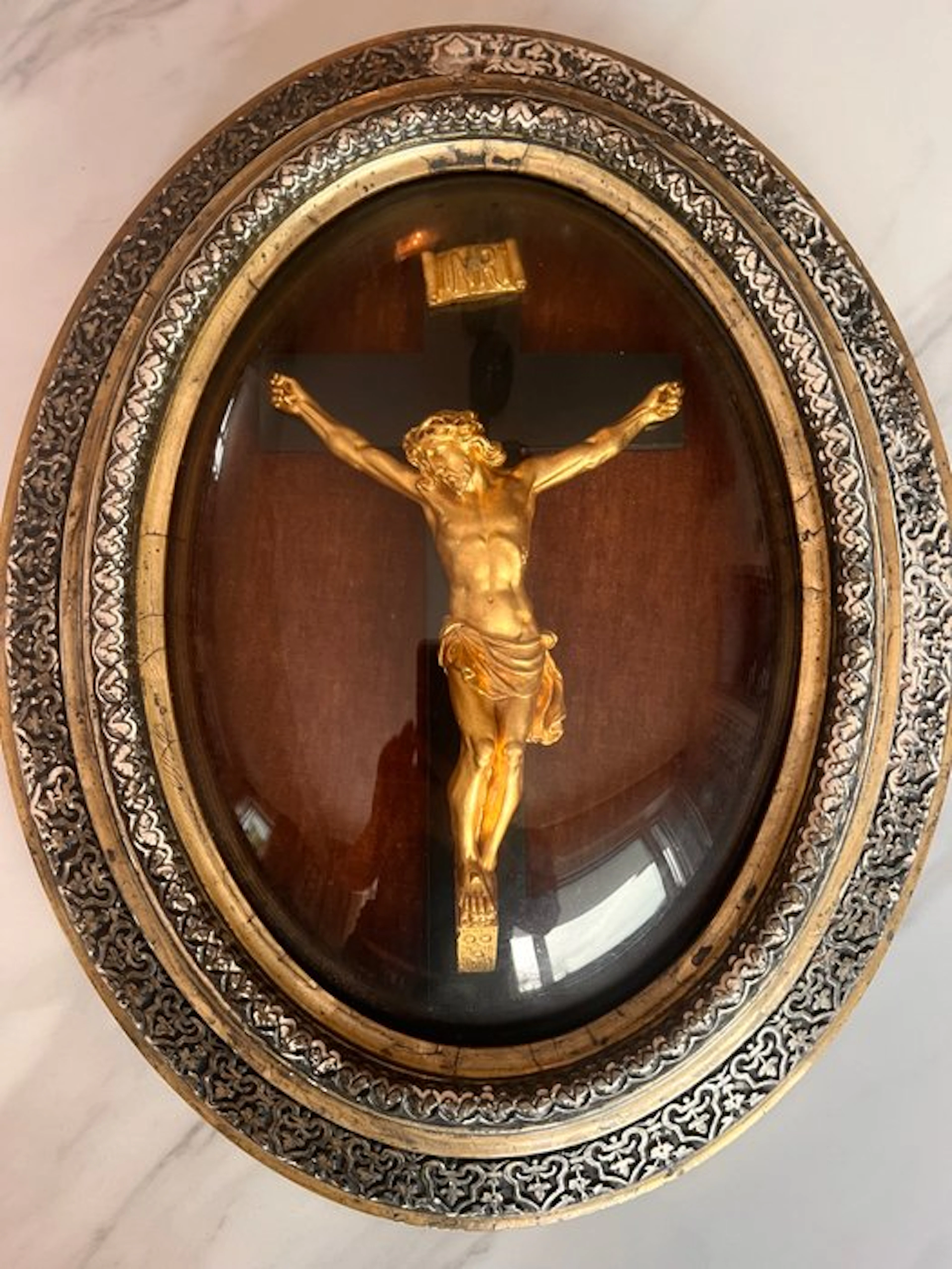 Christ on a gilded crucifix under domed glass – antique...