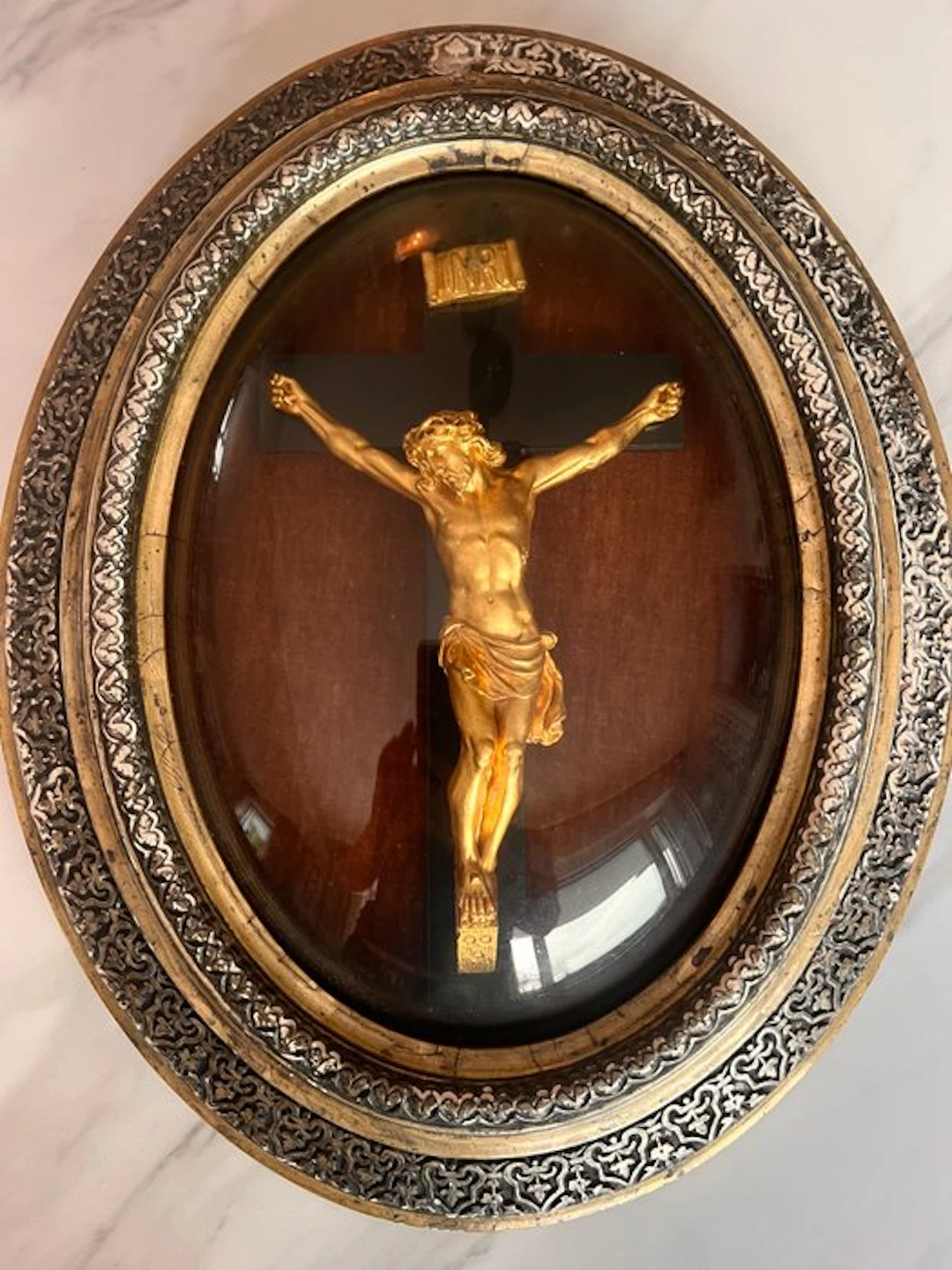 Christ on a gilded crucifix under domed glass – antique...
