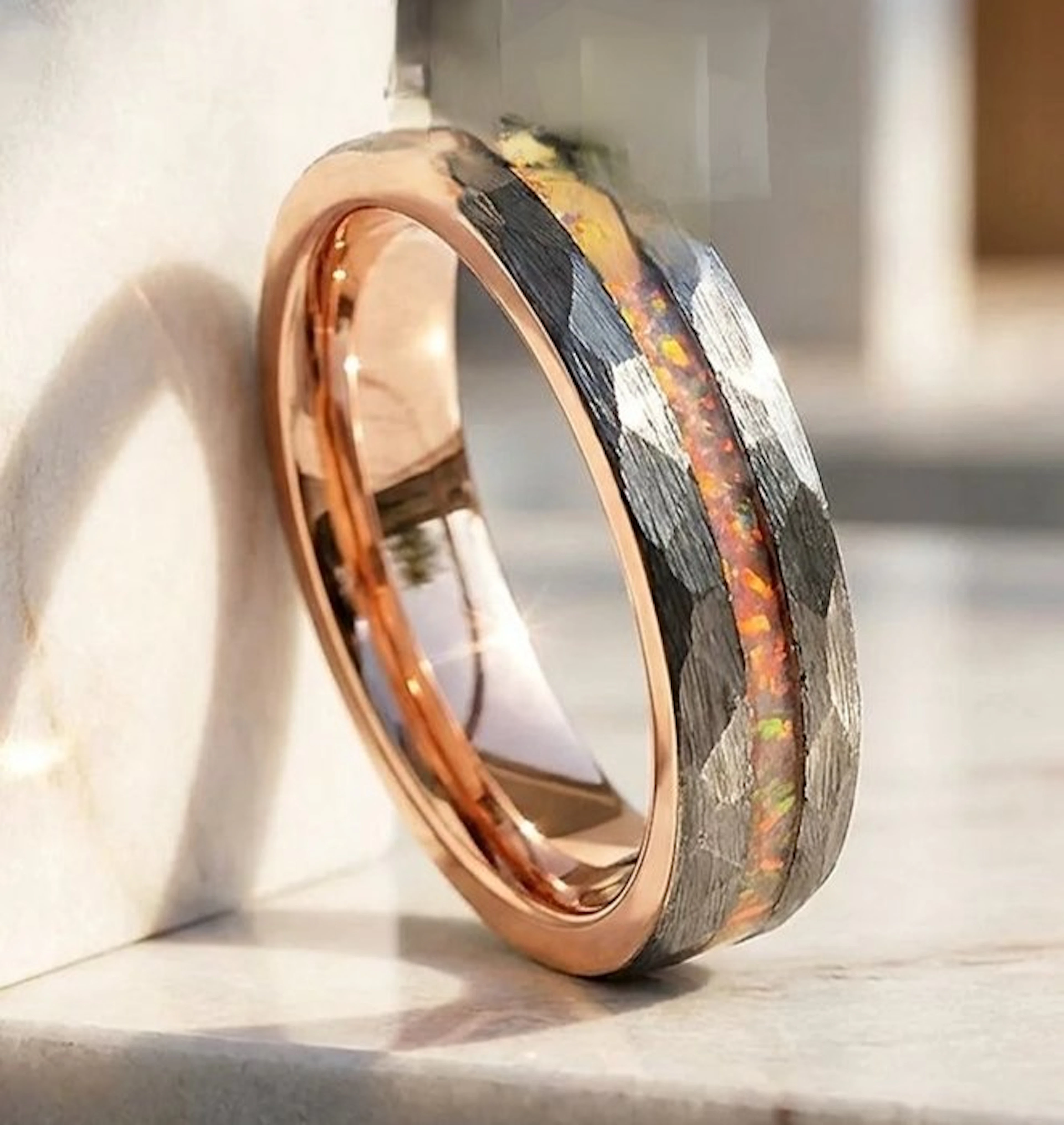 Hammered tungsten carbide ring with fire opal and rose...