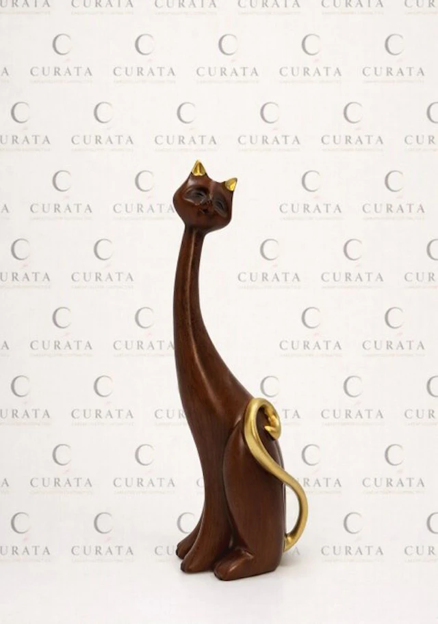 Figurine - Gatto Decorativo in Resina Effetto Legno con Dettagli Dorati - Resin