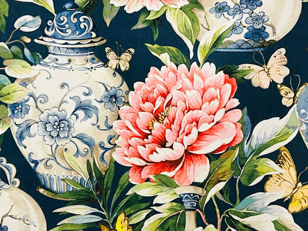 Chinoiserie Luxury Fabric with Peonies and Blue Porcelain...