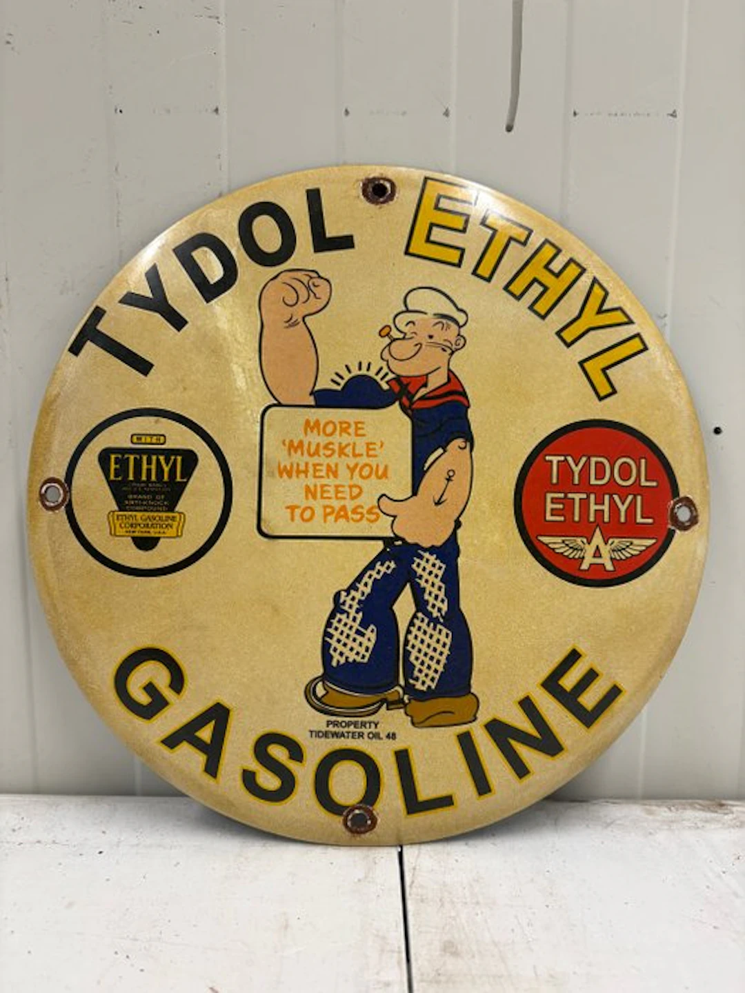 Popeye – Tydol Ethyl Gasoline – Rond Emaille Benzinebord - Enamel sign - Enamel
