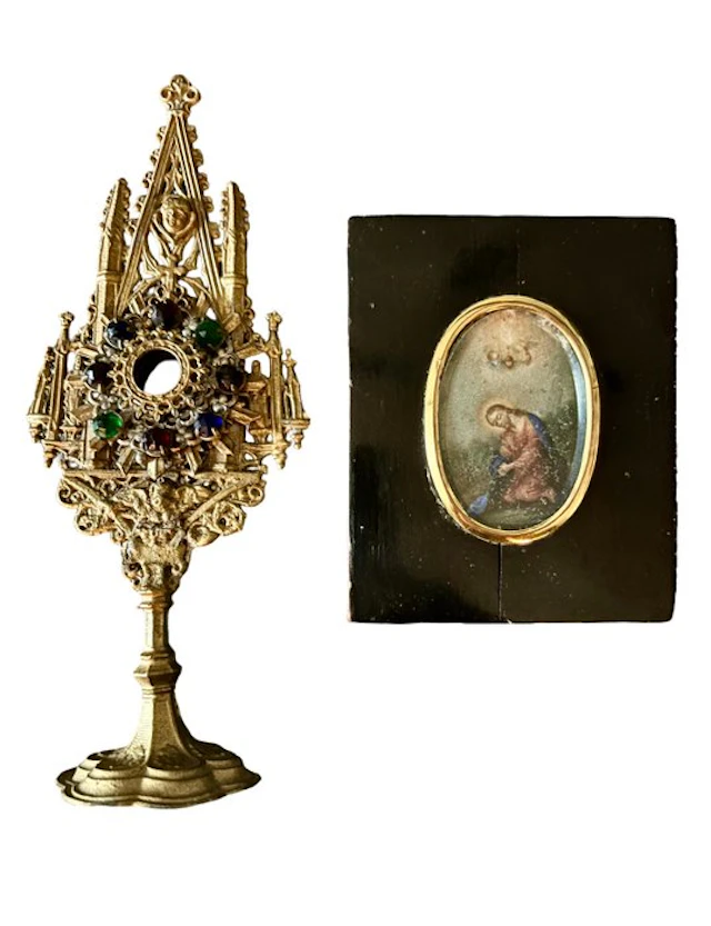 Tin reliquary holder - miniature painting of Christ (2) - Antique - Tin