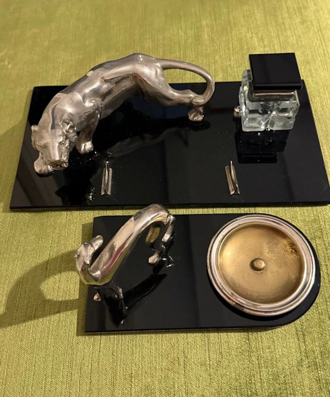 Desk set (2) - Silver plated, Brass, Glass, lacquered black