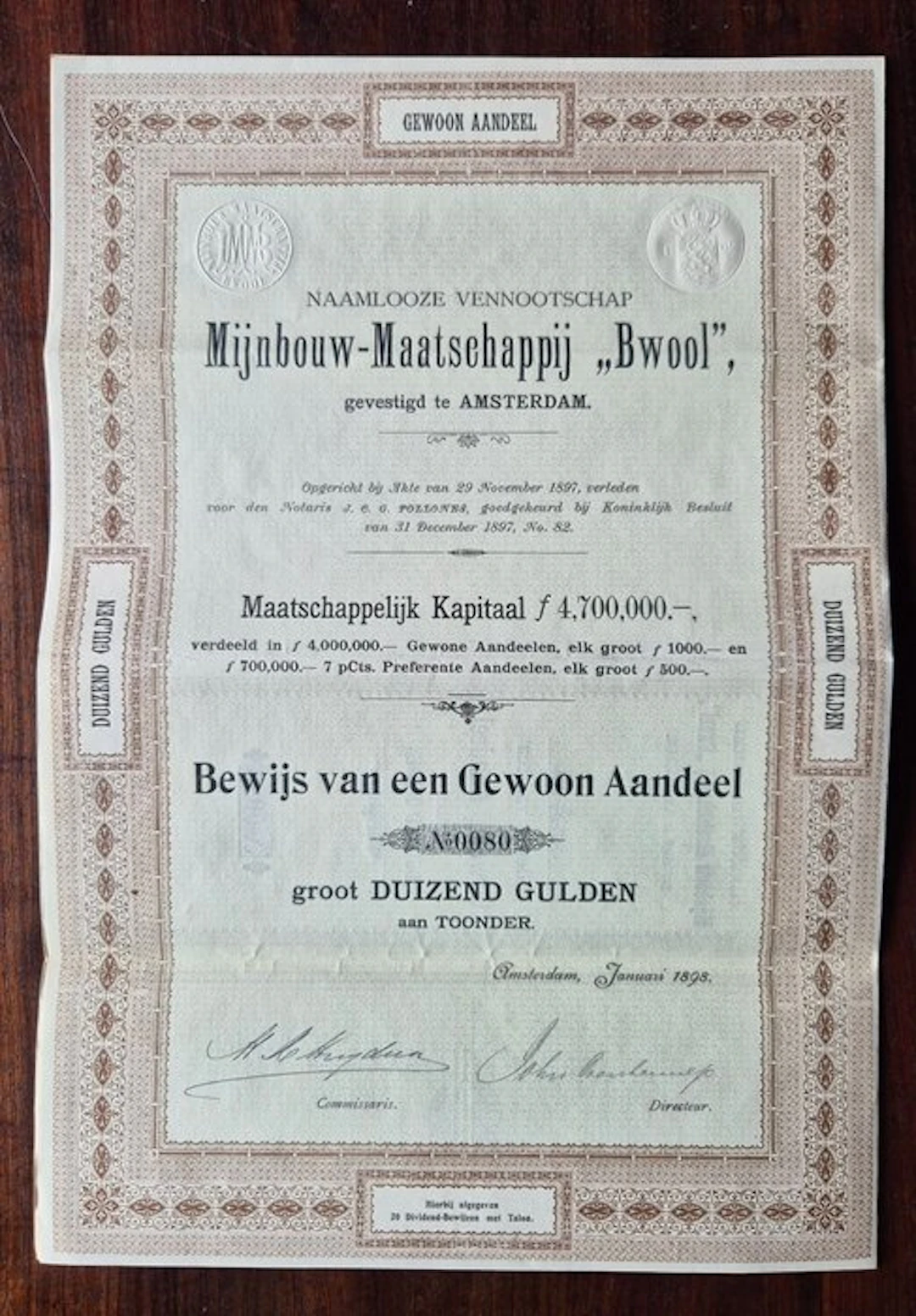 Netherlands. 1000 Gulden - 1898 Mijnbouw Maatschappij Bwool - aandeel