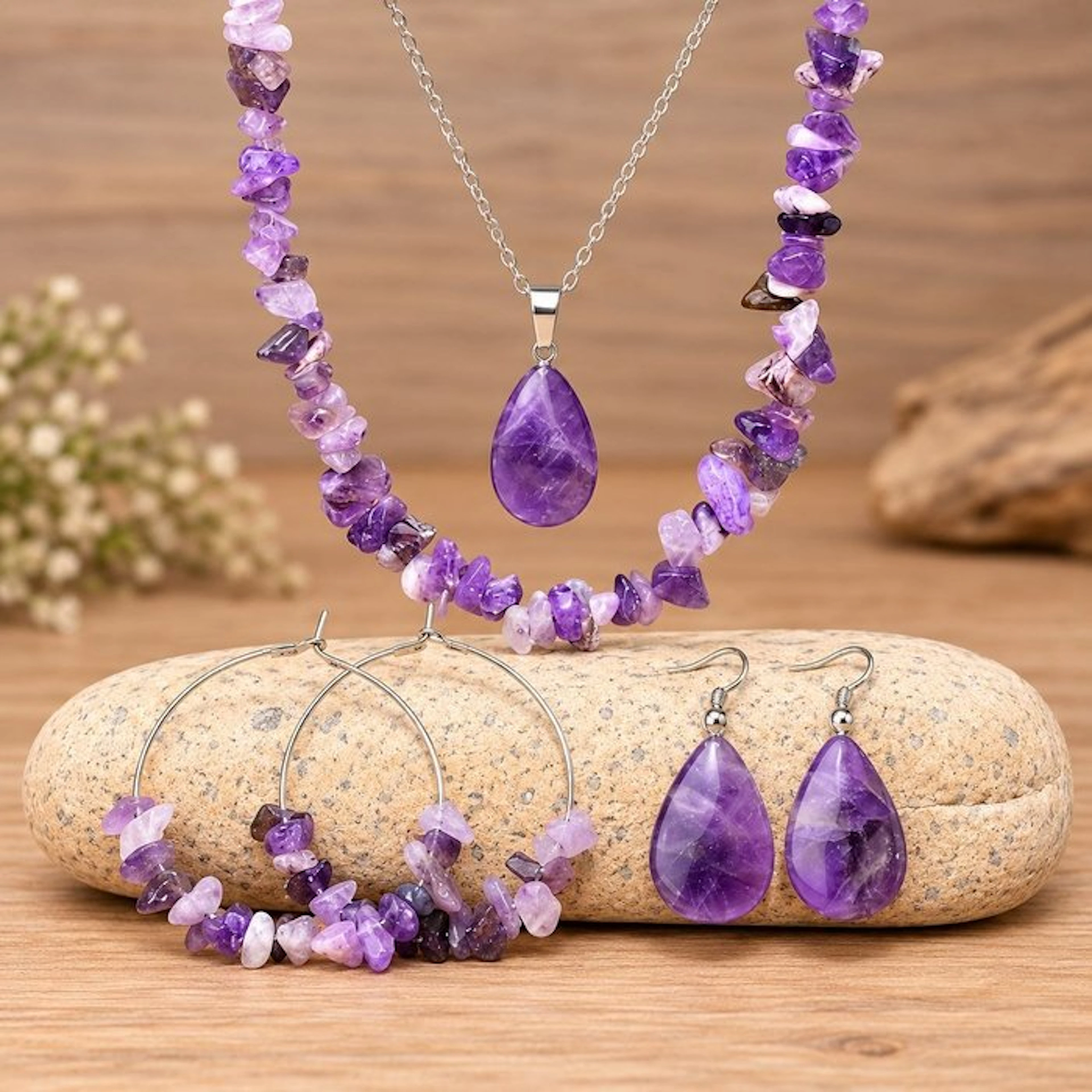 4-Piece handcrafted jewelry set featuring premium natural...