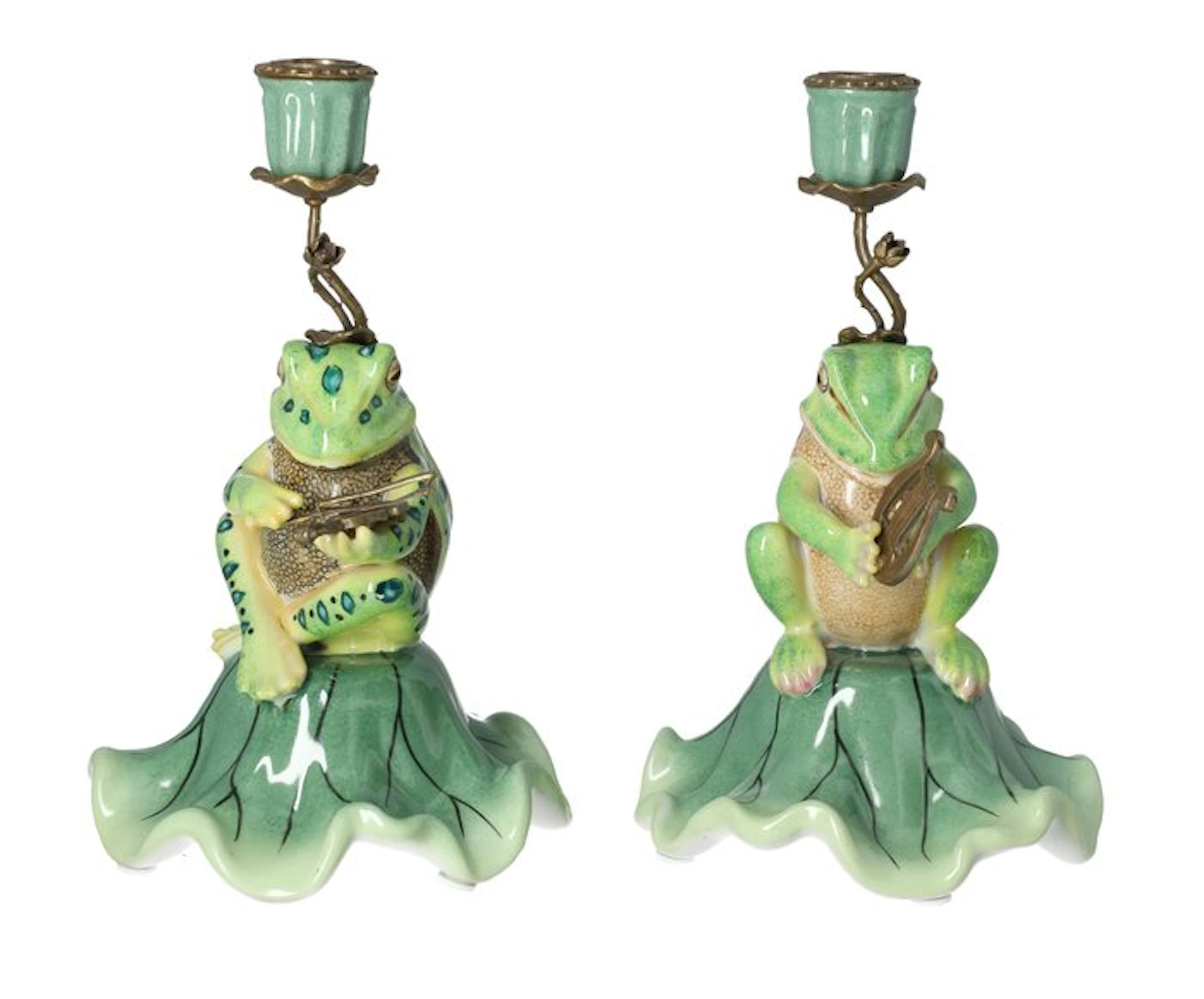 Candlestick (2) - Bronze, Porcelain - Musical frogs