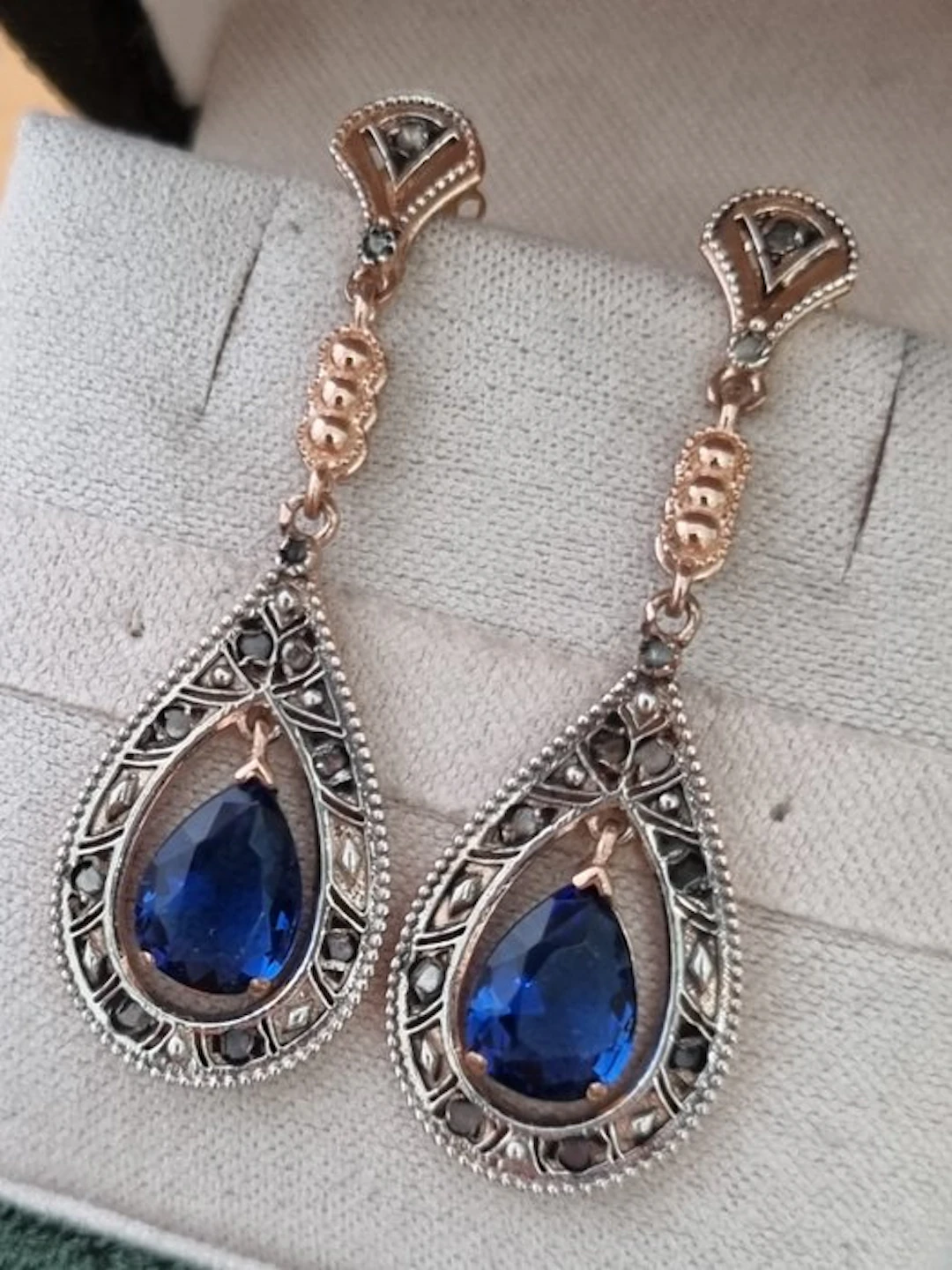 No reserve price - Earrings - 9 kt. Silver, Rose gold Sapphire - Diamond