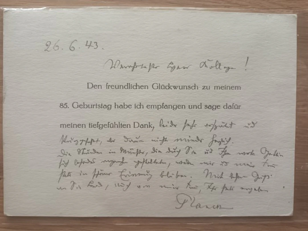 Max Planck - Max Planck Original-Autograph von 1943 (Dankeskarte zum 85