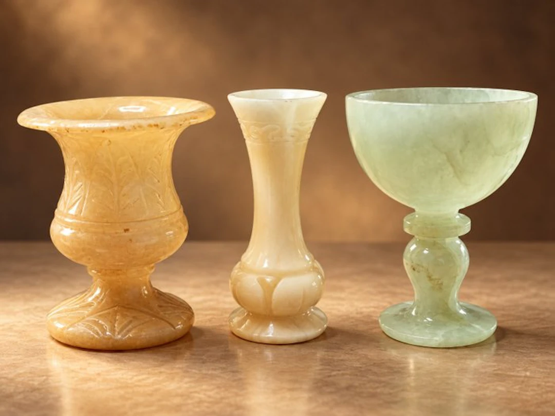 Vase (3) - Alabaster, Onyx - cream, honey and pale green.